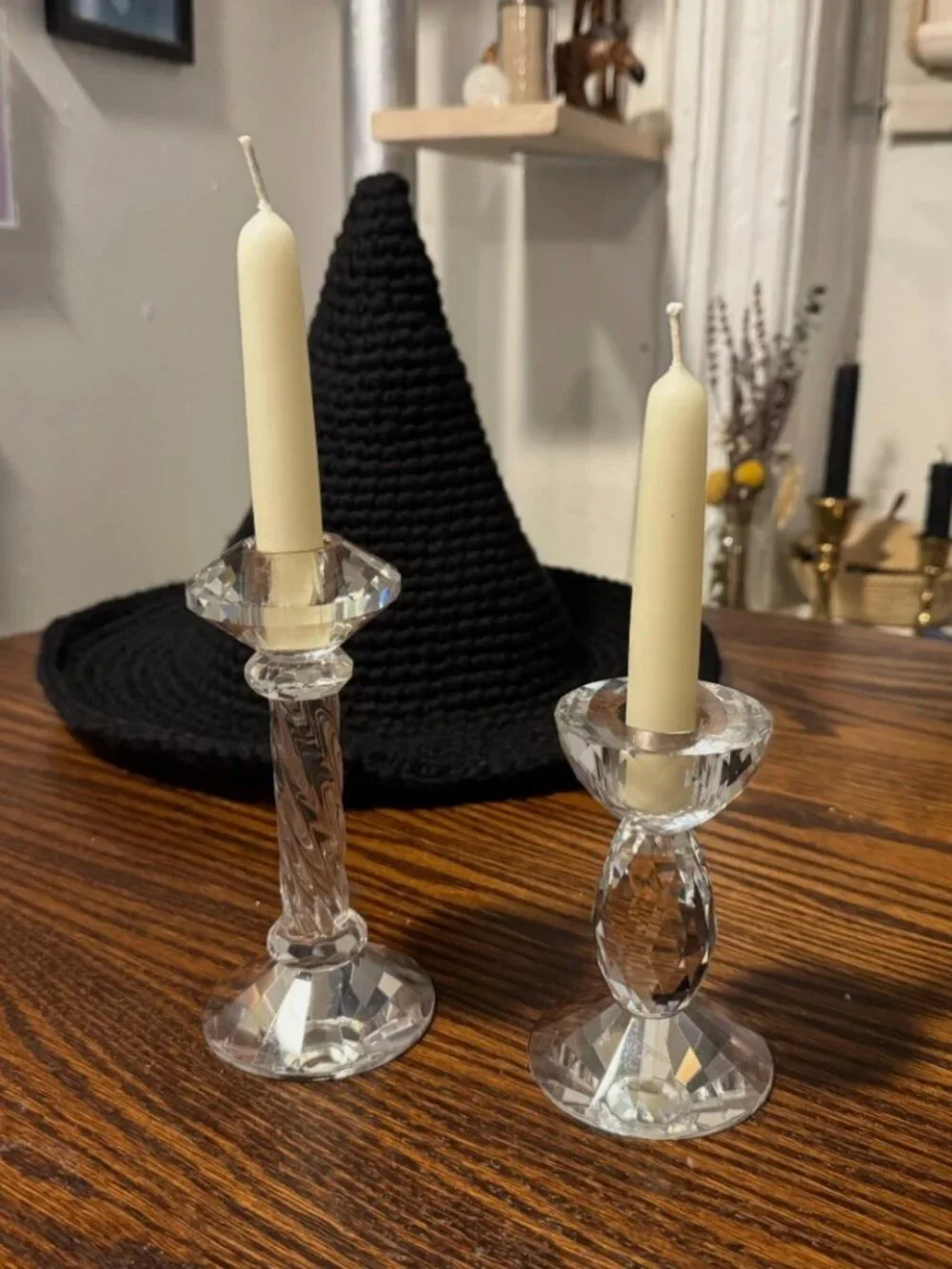 Crystal Cut Glass Taper Candlesticks Vintage Mismatched Set Of Two